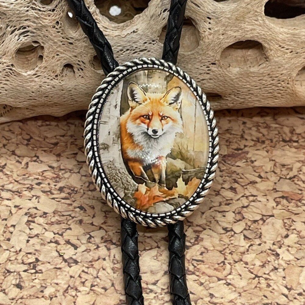 Rustic Fox Western Leather Bolo Tie Lariat Necklace Wedding Gift Dad Valentine